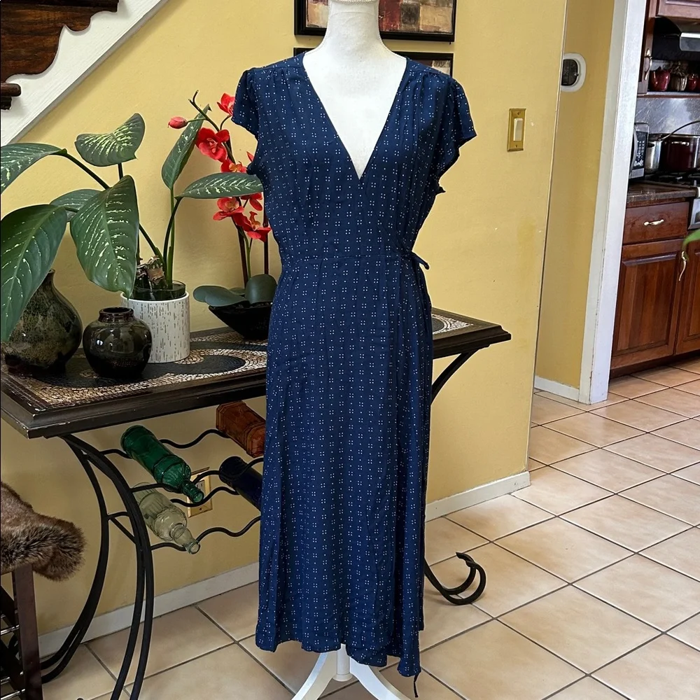 Gap Women’s Navy Blue Dot Print Short Sleeve Full Maxi Wrap Dress Tie Waist Med - Picture 2 of 16